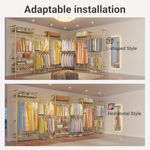Timate F6 Wall Mounted Clothes Rack - Expandable Industrial Pipe Closet System, Heavy Duty Hanging Garment Rack, Closet Organizer & Storage Solution for Wardrobe, Bedroom,Walk-in Closets,Gold - Image 2