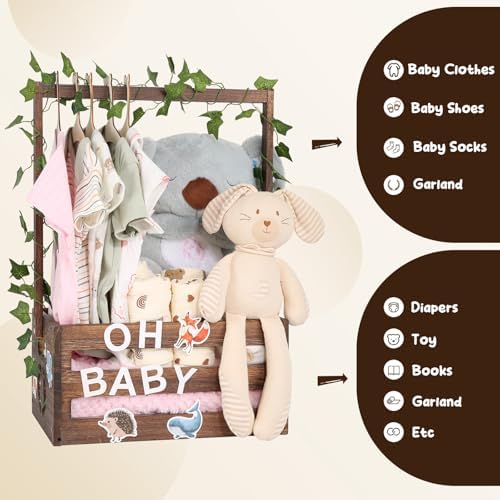 Baby Shower Gifts Basket Wooden Crate, Personalized Wooden Letters and Clothes Hangers New Born Baby Girl Boy Gifts Vine Decorations Cute Closet with Handle Pregnancy Gifts for New Mom Parents Brown - Image 7