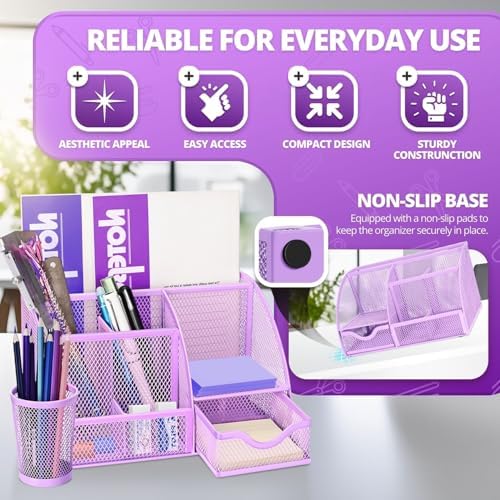 Flexzion Desk Caddy Organizer Set (Purple) - Metal Mesh Desktop Caddy with Drawers, 6 Compartments, and Pencil Holder for Women & Men - Desktop Organizer and Storage for Work or Office Supplies - Image 2