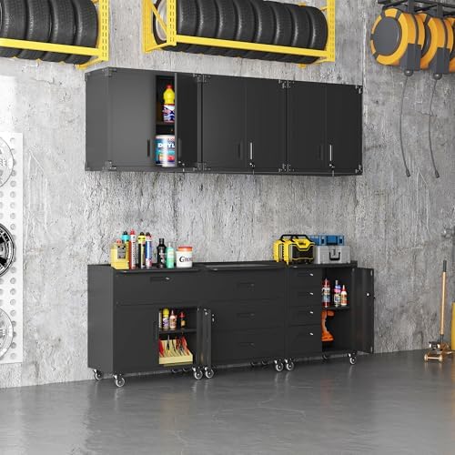 Black Garage Storage Cabinets System 6 PCS Workshop Set with Drawers Locking Heavy Duty Rolling Cart with Adjustable Shelves Garage Tool Workbench Cabinets,6pcs-3 - Image 2