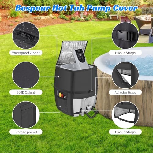 Hot Tub Spa Heater Pump Cover,Waterproof 600D Oxford Fabric Aluminum Film Insulated Cover,Inflatable Hot Tub Spa Heater Pump,Easy Installation with Zipper and Adhesive Straps,Black,Square - Image 4