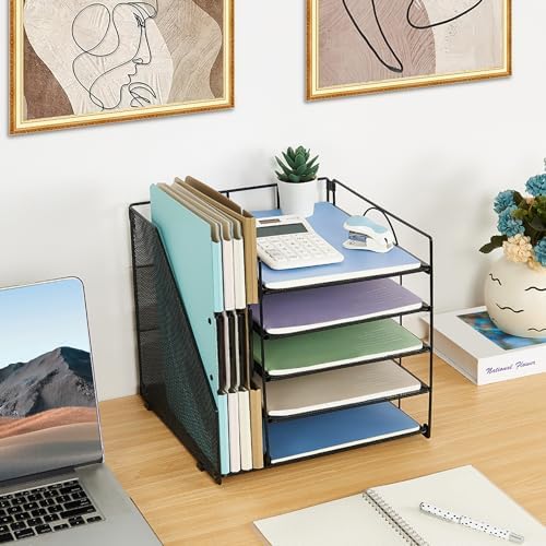 LEKETREE Desk Organizers and Accessories, 5-Tier Paper Letter Tray Organizer with File Holder, Desktop Organizer for Office Supplies (Black) - Image 3