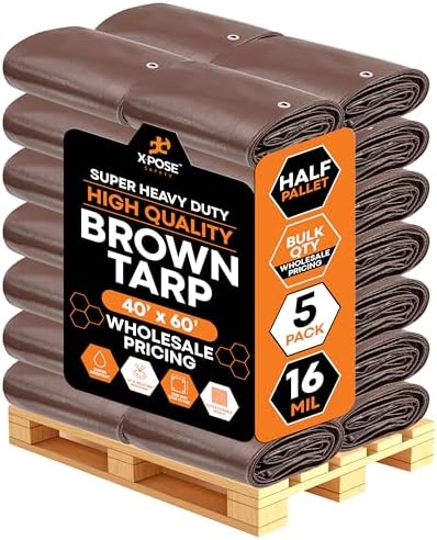 Super Heavy Duty Brown Poly Tarp 40' x 60' - Bulk Half Pallet (5 Pack) Thick Waterproof, UV Blocking Protective Cover - 16 Mil Thick Polyethylene - by Xpose Safety by XposeSafety
