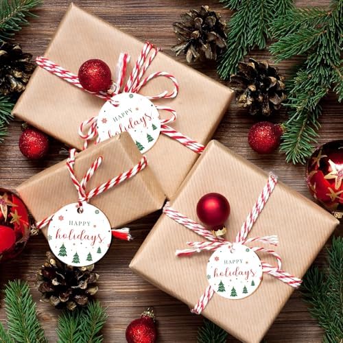 G2PLUS Happy Holiday Tags, 100PCS Christmas Holiday Tags, 2'' Round Holiday Gift Tags, Christmas Tree Paper Gift Tags with String for Xmas Gift Wrapping, DIY Arts & Crafts, Holiday Season Party Favors - Image 5