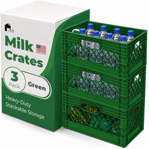 EconoHome Milk Crate - Stackable Storage Crate with Built-In Handles - Heavy Duty Plastic Material - Ventilated Organizer Bin for Garage, Pantry, Classroom, Office & Moving - Green, 19x13x11, 3-Pack by EconoHome