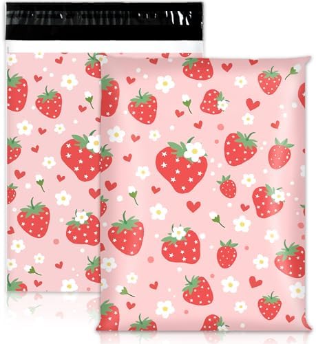 JarThenaAMCS 100Pcs Strawberry Poly Mailers 10 x 13 Inch Pink Fruit Packaging Bags Self Seal Mailing Envelope Bags for Summer Small Business Clothing Gift by JarThenaAMCS