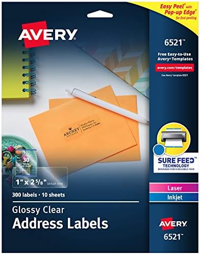 Avery Printable Address Labels with Sure Feed, 1" x 2-5/8", Glossy Clear, 300 Blank Mailing Labels for Laser and Inkjet Printers (6521) by Avery