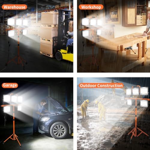 Upgrade 35000 LM Work Lights with Stand, 5 Head Portable LED Work Light with Adjustable Tripod Stand and Wheels, IP66 Waterproof, Worklight for Indoor Garage Job Site Workshop Construction Site - Image 5