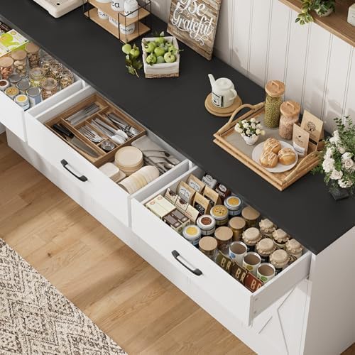 HOSTACK 71" W Kitchen Sideboard Buffet Cabinet with Storage, White/Black - Image 6
