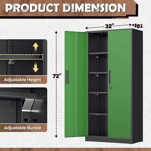 INTERGREAT Metal Lockable Storage Cabinet, 72” Storage Cabinet with 2 Doors and 4 Adjustable Shelves for Office, Home, Garage, Pantry (Black Green) - Image 3