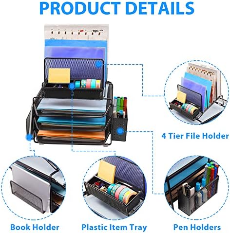DESIGNA Stackable Mesh Desk Organizer with 3 Sliding Letter Tray Drawers, 4 File Holders Sorter Section, 2 Side Compartments, Pencil Holder Non-slip All In One Desktop Organizers Office Storage, Black - Image 3