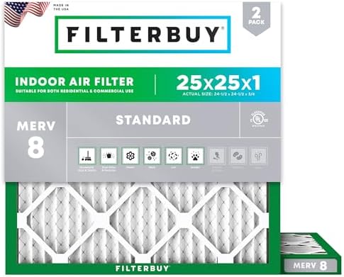 Filterbuy 25x25x1 Air Filter MERV 8 Dust & Allergy Defense (2-Pack) by Filterbuy