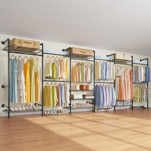 Timate F6 Wall Mounted Clothes Rack - Expandable Industrial Pipe Closet System, Heavy Duty Hanging Garment Rack, Closet Organizer & Storage Solution for Wardrobe, Bedroom,Walk-in Closets,Black by SturdyWallMountedClothesRack