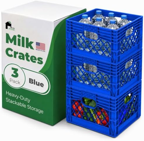 EconoHome Milk Crate - Stackable Storage Crate with Built-In Handles - Heavy Duty Plastic Material - Ventilated Organizer Bin for Garage, Pantry, Classroom, Office & Moving - Blue, 13x13x11, 3-Pack by EconoHome