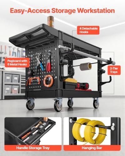 VEVOR Utility Cart with Tray & Pegboard, 44.8 x 24in 2 Tier Service Cart with 360° Swivel & Fixed Wheels (2 Brakes), 550 LBS Work Cart Tub Storage W/Deep Shelves, Tool Storage for Garage Warehouse - Image 3