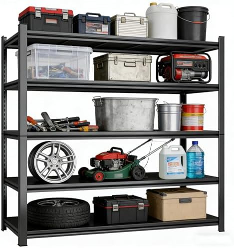 5Tier Storage Shelves Heavy Duty Adjustable Metal Garage Shelving Unit Rack Metal Storage Shelf Heavy Duty Shelf for Heavy Tools and Equipment, Ideal for Garage, Basement, Black by Ergonova