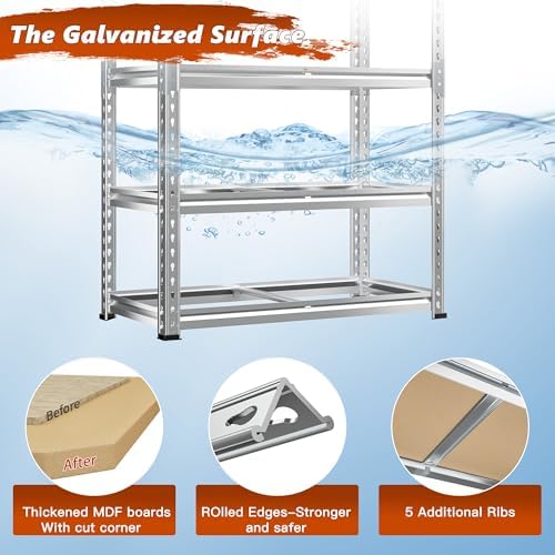 REIBII Garage Shelving, 5 Tier Storage Shelves Load 2400LBS, Adjustable Garage Shelving Heavy Duty, Metal Shelving Unit with Waterproof Columns, 35.5" W x 11.9" D x 72" H, Galvanized, 3 Pack - Image 6