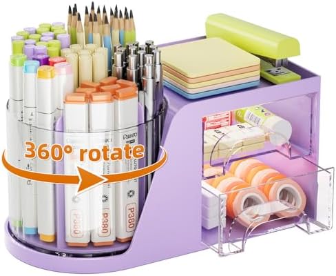 Marbrasse Desk Organizer with 2 Drawer, 360°Rotating Pen Holder, Desk Organizers and Accessories with 6 Slots Pencil Holder + 2 Drawer, Art Supply Storage Box Caddy for Office (Purple) by Marbrasse