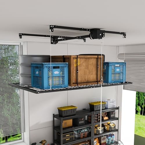 Black 4x8 FT Overhead Garage Storage Rack for High Ceilings 10-12 FT by LeavaderHomeFurniture