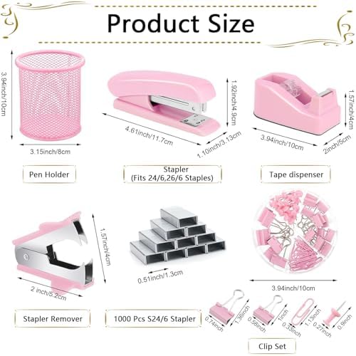 Office Supplies,Desk Accessories, Stapler and Tape Dispenser Set for Women with Stapler, Tape Dispenser, Staple Remover, Staples, Clips, Scissor and Tabs,Gift for Students, Coworkers - Image 5