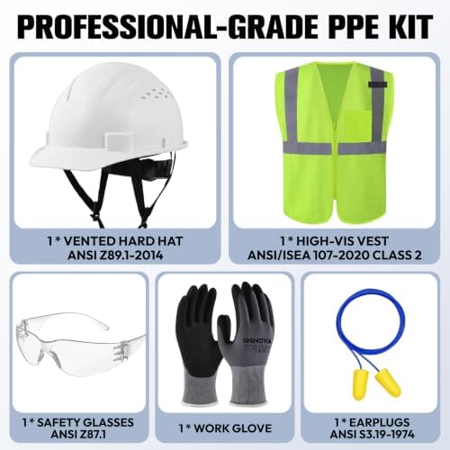 Vented Hard Hat, Safety Vest & Glasses, Work Gloves, Earplugs - Image 2