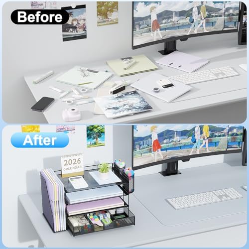 gianotter Desk Organizers and Accessories with File Holder, 4-Tier Desk Accessories & Workspace Organizers with Drawer and 2 Pen Holder, Paper Organizer for Office Supplies (Black) - Image 2