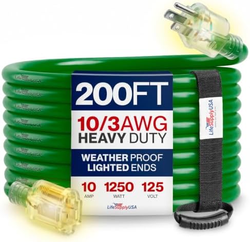 200ft Outdoor/Indoor Extension Cord 10/3 Gauge Ultra Heavy Duty 3 Prong SJTW, Waterproof, Flexible Cold-Resistant Long Power Cord,10A 125V 1250W, Green by LifeSupplyUSA by LifeSupplyUSA