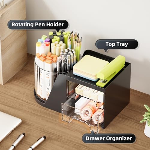 Marbrasse Desk Organizer with 2 Drawer, 360°Rotating Pen Holder, Desk Organizers and Accessories with 6 Slots Pencil Holder + 2 Drawer, Art Supply Storage Box Caddy for Office (Black) - Image 2