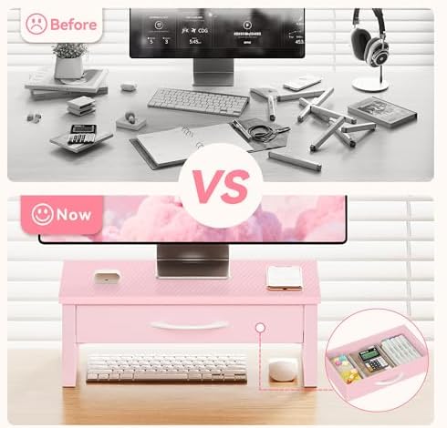 Desk Organizers and Accessories, Computer Monitor Stand Riser with Fabric Drawer, 2-Tier Laptop Stand for Desk, Office Organization Accessories, Pink - Image 3