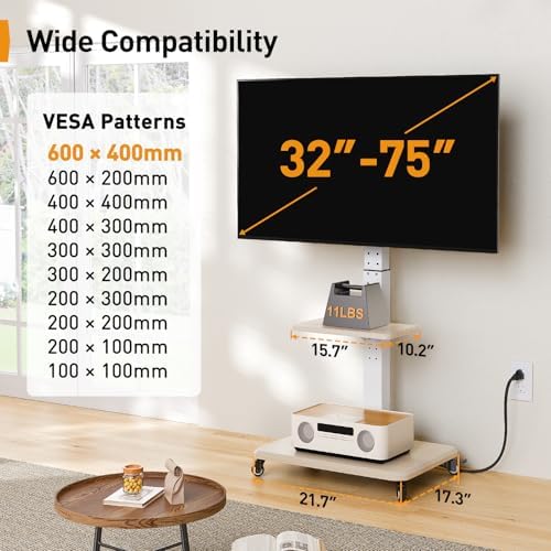 Perlegear Mobile TV Stand with Power Outlet, Tilt & Swivel Rolling TV Cart for 32-75 inches TVs up to 110 lbs, Height Adjustable Rolling TV Stand White with Wheels, Max VESA 600x400mm, PGTVMC17W - Image 3