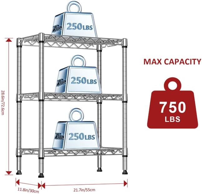 IZEUK 3-Tier Steel Storage Shelves, Heavy Duty Metal Shelf Wire Shelving Rack for Pantry, Kitchen, Living Room, or Office Organization (21.7" W x 11.8" D x 28.6" H, 750LBS, Chrome) - Image 3