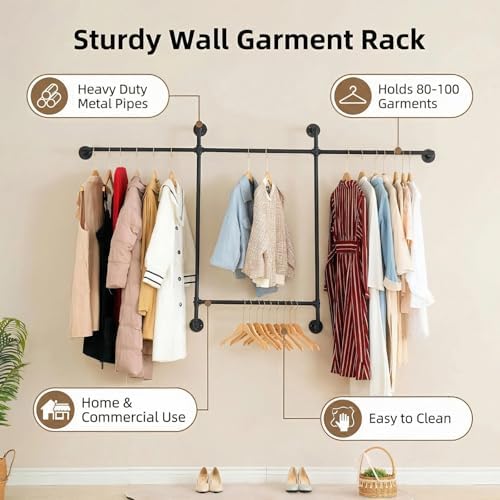 Industrial Pipe Clothing Rack, Hanging Garment Rack, Wall Mounted Pipe Clothes Rack with Four Hanging Rods, Heavy Duty Garment Rack, Industrial Steampunk Closet Organizer Hall Tree (Metal Pipes-Black) - Image 4