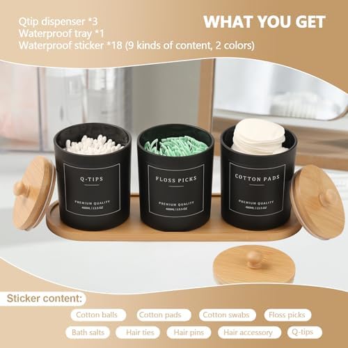 3 Pack Qtip Holder - Bathroom Organizers and Storage, Cotton Round Pad Dispenser Floss Pick Holder with Tray, Glass Apothecary Jars with Lids, Cotton Ball Container - Black - Image 2
