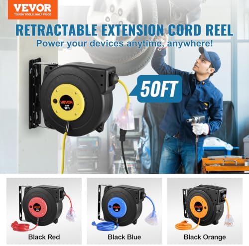VEVOR Retractable Extension Cord Reel, 50 FT, Heavy Duty 14AWG/3C SJTOW Extension Power Cord with Lighted Triple Tap Outlet, 13A Circuit Breaker 180° Swivel Bracket for Ceiling or Wall Mount, Yellow - Image 2