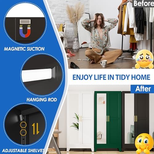 GAIOUS Metal Wardrobe Cabinet with Mirror and Hanging Rod, 71" Black - Image 4