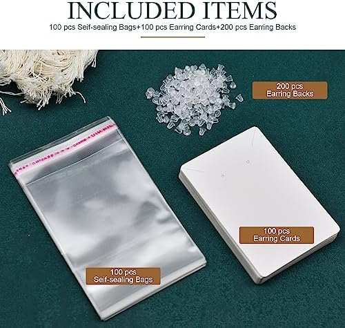 Earring Cards, Set Earring Making Supplies with 100 Pcs Earring Holder Cards 200 Pcs Earring Backs and 100 Jewelry Packaging for Earrings Necklace Jewelry Display, Jewelry Bags 3.5x2.4 Inches (White) - Image 2