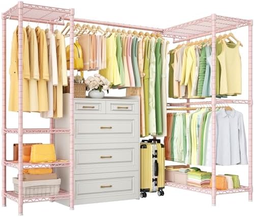 ULIFHOME E10L L-Shaped Clothes Rack for Corner（With Expandable Hanger Rod）Heavy Duty Freestanding Clothing Racks for Hanging Clothes，Portable Garment Rack 58-82"W x 30"D x 72"H，Max Load 900LBS, Pink by UlifHome