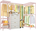 ULIFHOME E10L L-Shaped Clothes Rack for Corner（With Expandable Hanger Rod）Heavy Duty Freestanding Clothing Racks for Hanging Clothes，Portable Garment Rack 58-82"W x 30"D x 72"H，Max Load 900LBS, Pink by UlifHome