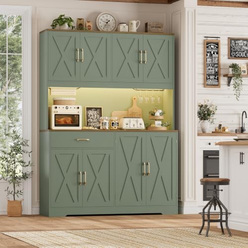 HOSTACK 55" W Kitchen Pantry Storage Cabinet, 72" Tall Hutch Cabinet, Green - Image 4