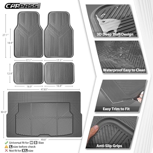CAR PASS Universal Car Floor Mats & Cargo Liner Full Set, Waterproof Anti-Slip Rubber Trim to Fit Trunk Mats All Weather Protection Fit Car SUV Sedan Coupe Vehicle Automotive 5 Pieces, S-M Size Gray - Image 2