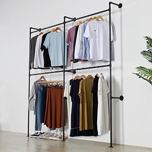 Industrial Pipe Clothing Rack Heavy Duty Double Closet Rod Clothes Rack, Clothing Rods for Hanging Clothes, Wall Mounted Clothes Garment Rack Closet System 90in Black - Image 7