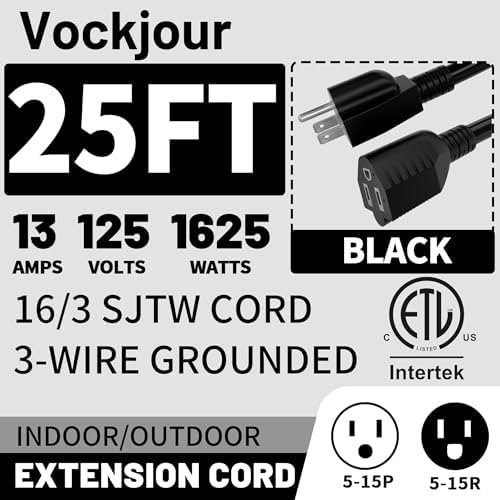 Vockjour 16/3 Black Indoor Outdoor Extension Cord 25 Ft Waterproof - Image 2
