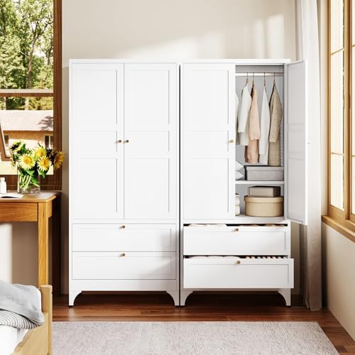 Letaya 71" Metal Wardrobe Cabinets with 2 Drawers,Steel Armoire Wardrobe Closet with Doors and Shelves,Clothing Storage Cabinets with Hanging Rod for Bedroom, Gym, Cloak Room,White - Image 6