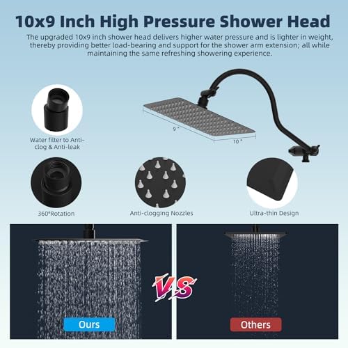 Hibbent All Metal 10'' Dual Filtered Rainfall Shower Head Combo, High Pressure Handheld Shower Head with 12'' Adjustable Curved Extension Arm, 20 Stage Shower Filter, 10-spray, 71'' Hose, Matte Black - Image 6