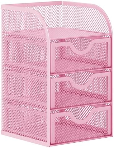 EasyPAG Mesh Desk Organizer with 3 Drawer Office Desktop Organizers and Accessories Stationery Caddy for Office, Home, Students, Pink - Image 2