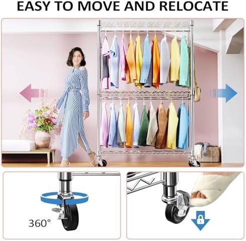 IZEUK Heavy Duty Rolling Garment Rack Wire Clothes Rack for Hanging Clothes (Chrome, 3 Tier with 2 Rod, 15.7" D x 45.3" W x 79.6" H) - Image 3
