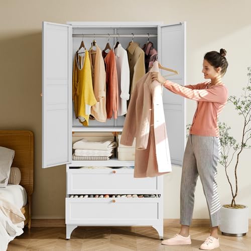 BYNSOE 71" Tall Metal Wardrobe Closet with 2 Drawers, Steel Armoire Cabinet with Hanging Rod and Adjustable Shelves, Freestanding Clothes Storage Organizer for Bedroom Office Furniture - Image 3