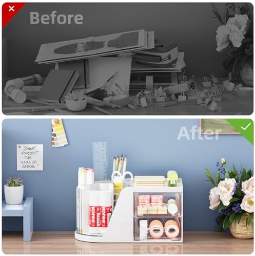Marbrasse Desk Organizer with 2 Drawer, 360°Rotating Pen Holder, Desk Organizers and Accessories with 6 Slots Pencil Organizer + 2 Drawer, Art Supply Storage Box Caddy for Office (White) - Image 7