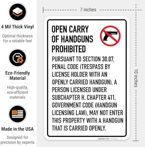 No Open Carry of Handgun Prohibited Texas §3007 Sign, - Image 3