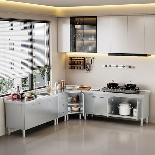ZZV Corner Stainless Steel Table with Cabinet for Prep & Work Heavy Duty Work Table Commercial Stainless Steel Kitchen Cabinet for Restaurant Hotel Cafe Workshop Garage - Image 2